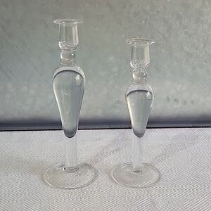 Beautiful vintage heavy glass candlesticks 10" and 11" for taper candles.